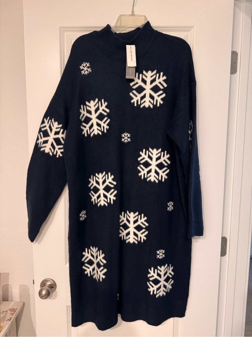 Lane Bryant Navy Blue Sweater Dress with White Snowflake Pattern